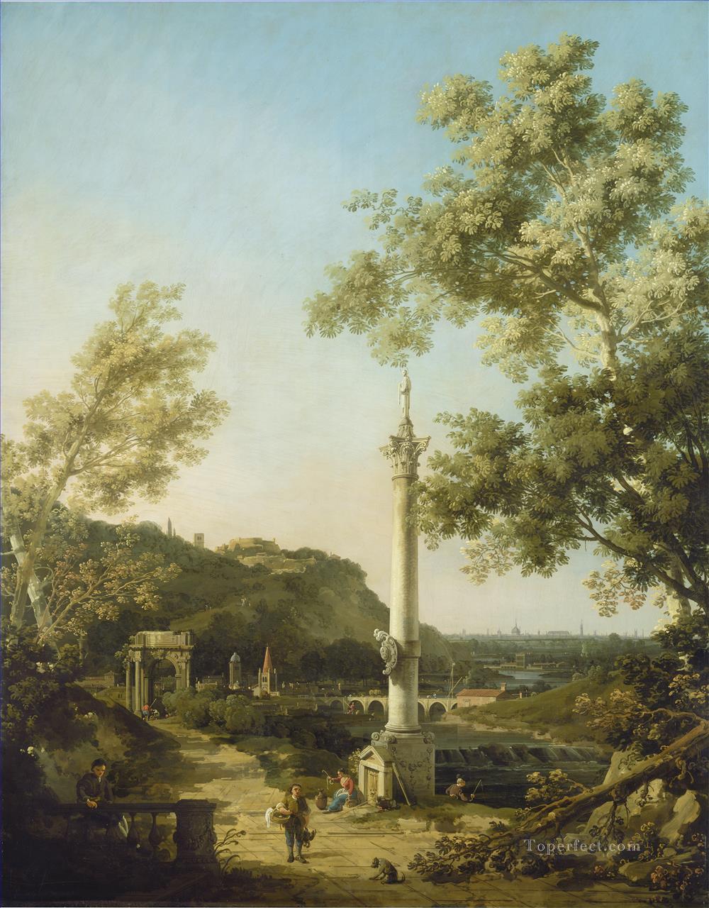 カナレットの柱のあるカプリッチョ川の風景油絵